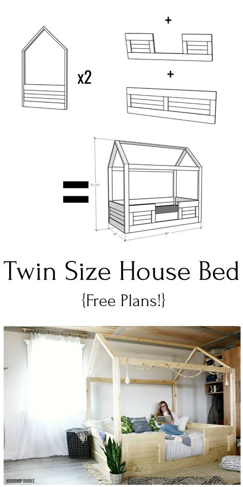 FREE PLANS to build this adorable twin size house bed from construction lumber and easy beginner joinery.  It's built in sections to make this DIY bed frame easy to assemble and disassemble to move when needed.  Perfect for a kid's room, but if you're looking for your own hang out spot, this plan is easily modified for any bed size.  And the roof boards would be great for hanging banners, fabric, etc.  Kid's furniture just got more fun! Diy House Frame Floor Bed, Twin Size Floor Bed Plans, Montesorri Bed Plans, Montessori House Bed Diy, Twin Bed Frame Diy Kids, Easy Diy Twin Bed Frame, Diy Montessori Bed Twin, Twin House Bed Frame Diy Plans Free, Twin Montessori Bed Plans