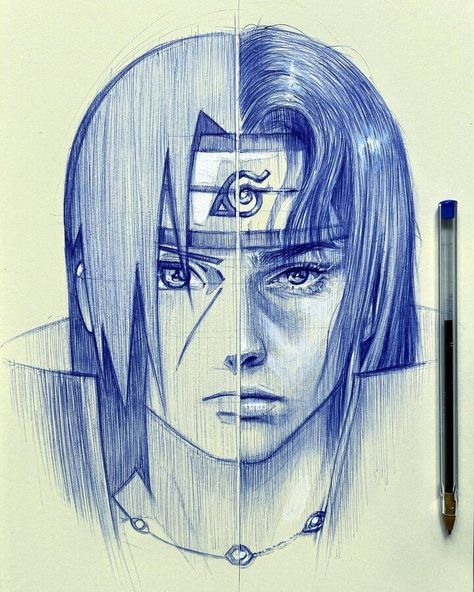 Ballpoint Pen Portrait Anime vs Realism Drawing Ideas Anime, Landscape Pencil Drawings, Ballpoint Pen Art, Drawing Scenery, Anime Drawing Sketches, Realistic Sketch, Pen Art Drawings, Sketches Tutorial, Pen Sketch