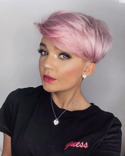 Short Pixie Styles, Pastel Pixie Hair, Girls Pixie Haircut, Hair Styling Ideas, Pink Pixie, Longer Pixie Haircut, Short Hair Hacks, Ribbon Tattoos, Pastel Pink Hair