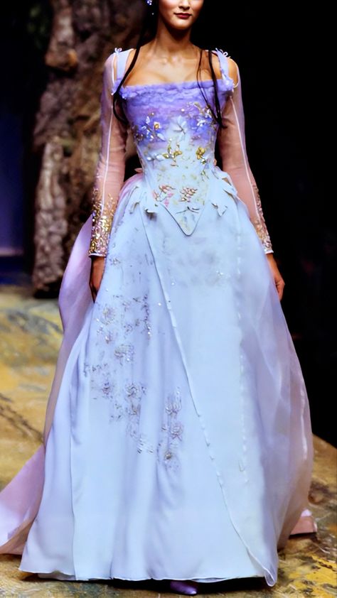 Blue Gown Aesthetic, Purple Runway Fashion, Blue Princess Aesthetic, Premiere Looks, Fairytale Outfits, Sherri Hill Couture, Wonderland Fashion, Purple Evening Gowns, Runway Fashion Couture