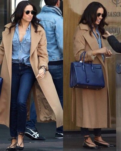 Meghan Markle Denim Shirt, Royal Blue Bag Outfit Ideas, Blue Bags Outfit, Royal Blue Bag Outfit, Blue Chambray Shirt Outfit, Dark Blue Bag Outfit, Navy Purse Outfit, Navy Blue Bag Outfit, Max Mara Coat Street Style