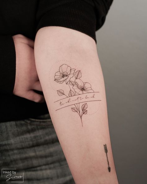 Flowers With Signature Tattoo, Simplistic Floral Tattoo, Poppy Flower Tattoos For Women, Meaningful Floral Tattoos, Signature Tattoo With Flower, Flower And Text Tattoo, Female Fine Line Tattoo, Fine Line Tattoos Flowers, Floral Tattoo Fine Line