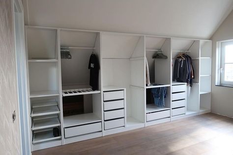 Slanted Wall Built Ins, Slanted Closet Ideas, Pax Ideas, Slanted Ceiling Closet, Attic Bedroom Closets, Attic Bedroom Storage, Pax Closet, Ikea Pax Closet, Closet Ikea