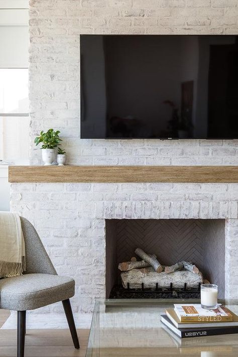 White Painted Brick Fireplace with Flat Panel TV - Transitional - Living Room White Washed Brick Fireplace With Wood Mantle, White Painted Brick Fireplace, White Painted Brick, White Wash Brick Fireplace, Wood Mantle Fireplace, Painted Fireplace, Red Brick Fireplaces, White Brick Fireplace, Painted Brick Fireplace