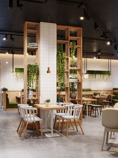 Wood and plant cafe decor Column Decor, Wood Cafe, Interior Design Examples, Green Cafe, Kitchen Manufacturers, Coffee Shops Interior, Column Design, Concept Ideas, Coffee Shop Design