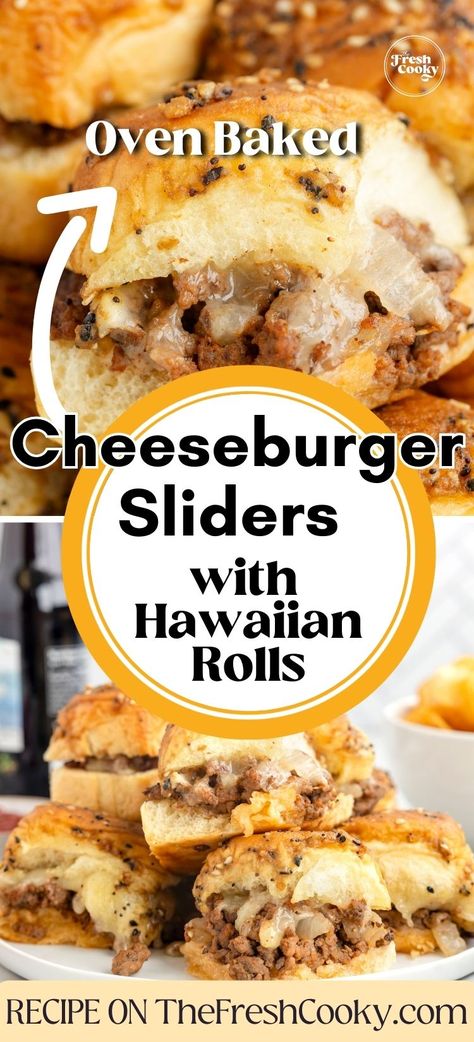 Cheeseburger Sliders with Hawaiian rolls are a great game day snack, easy weeknight dinner and are baked right in the oven. Get the recipe on thefreshcooky.com #cheeseburgersliders #hamburgersliders Easy Hawaiian Rolls Recipe, Hawaiian Bread Sliders, Sliders With Hawaiian Rolls, Baked Cheeseburger, Sliders Hawaiian Rolls, Easy Cheeseburger Sliders, Best Sliders, Ground Beef Sliders, Mini Apple Pie Recipe