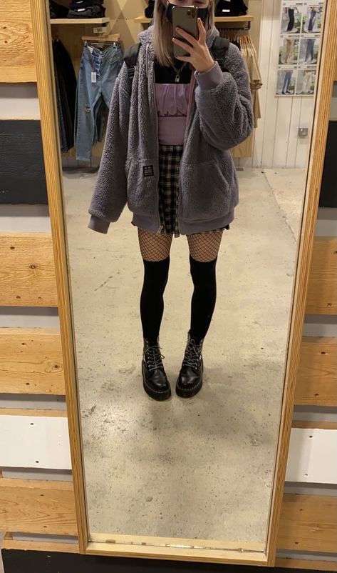 High Doc Martens Outfits, Purple Fishnets, Purple Tights Outfit, Fishnets Outfit, Alt Egirl, Egirl Clothing, Fishnet Thigh Highs, Shifting Outfits, Black Alternative