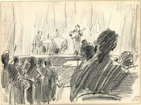 Concert Room with an Audience watching the performance by a Guitarist and Piano Player (Isaac Israels). Crowd Drawing, Courtroom Sketch, Hijab Drawing, Black Crayon, Architecture Design Sketch, Drawing Black, Piano Player, Gambar Figur, Walt Disney Studios