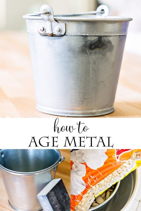 How to age metal with vinegar! The easy way to get the vintage, worn look with metal. Aged Metal Diy Paint Finishes, How To Age Tin Galvanized Metal, Age Galvanized Metal Diy, How To Patina Galvanized Metal, Spray Paint Metal Bucket, Patina Diy, 2023 Festival, Family Rules Sign, Man Cave Building