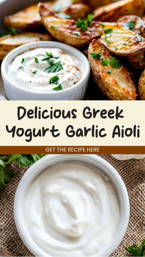 Whip up a delicious and creamy garlic aioli using tangy Greek yogurt as the star ingredient. This versatile dip is perfect for pairing with crispy fries, fresh veggies, or spreading on sandwiches for an added burst of flavor. Easy to make and packed with protein, this homemade garlic aioli will elevate your meals and leave your taste buds craving more. Ditch store-bought condiments and impress your family and friends with this simple yet impressive recipe that will take your dishes to the next l Healthy Aioli Recipe Greek Yogurt, Homemade Garlic Aioli, Best Greek Yogurt, Garlic Aioli Recipe, Greek Yogurt Sauce, Greek Yogurt Dips, Garlic Sauce Recipe, Crispy Fries, Aioli Recipe