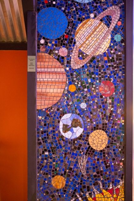 Mosaic of Solar System at the Art Bar in St Louis 8 ft tall Space Mosaic, Modern Mosaic Art, Space Mosaic Art, Celestial Mosaic, Mosaic Moon, Mosaic Moon And Stars, Mosaic Drawing, Sky Mosaic Art, Solar System Art