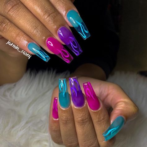 JAZMIN 💅🏽 NAIL BO$$ on Instagram: “Fiery Jelly Nails 🤪💅🏽 #GETJAZZED #jellynails #firenails #charlottenailtech #blacknailtech #cltnails #cleartips #nailart #nailsofinstagram…” Jelly Nail, Jelly Nails, Rainbow Nails, Unique Nails, Dream Nails, Coffin Nails Designs, Fire Nails, Pretty Acrylic Nails, My Nails