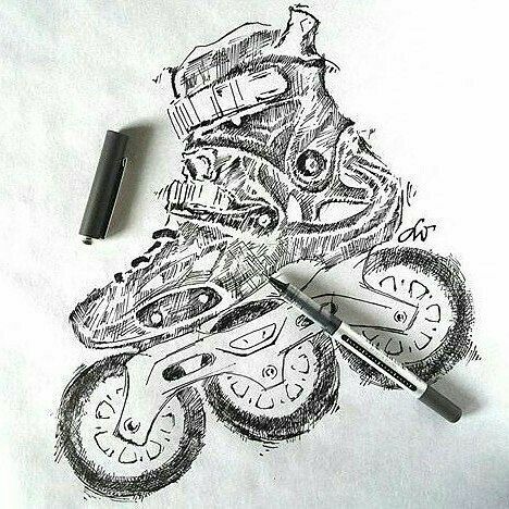 Design Pencil Drawing, Drawing Love, Big Wheels, Inline Skates, Paper Pen, Sketch Art, Pencil Drawing, Pen, Fan Art