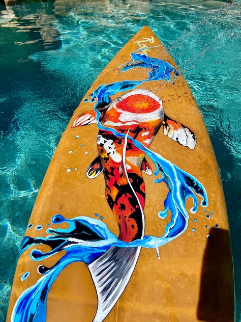 Painting On Surfboard, Hand Painted Surfboard, Custom Surfboard Art, Tropical Surfboard, Fish Surfboard Design, Koi Fish Designs, Surfboard Decor, Chinese Tattoo, Surfboard Art