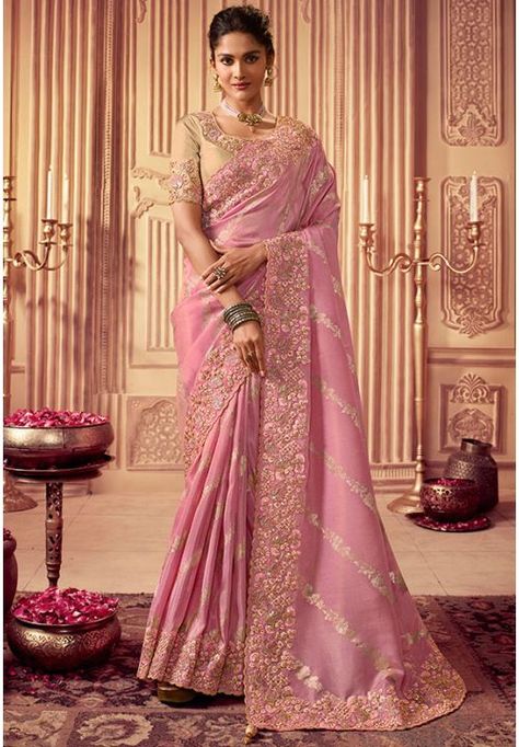 Carnation Pink Embroidered Smoked Viscose Saree Draped Sarees, Baby Pink Saree, Saree Green, Elegant Sarees, Bridal Sari, Organza Silk Saree, Beautiful Sarees, Sari Dress, Party Mode