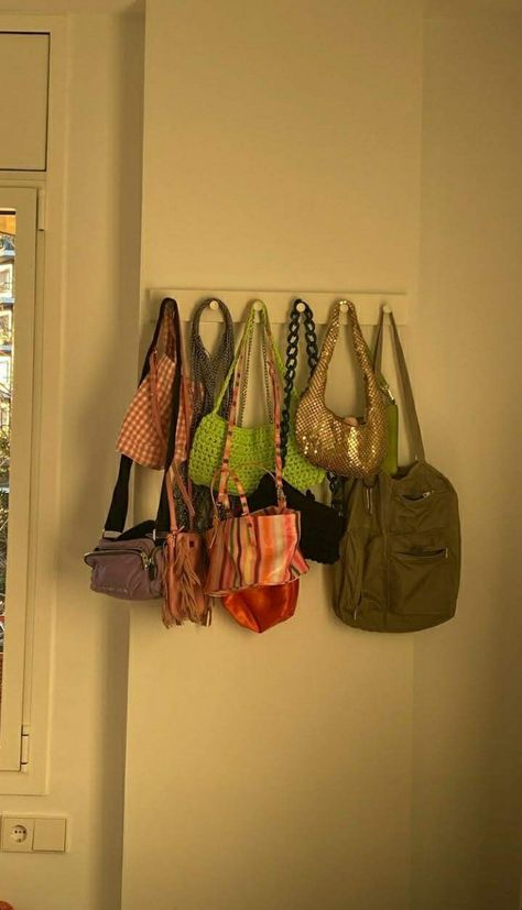 Bag Hooks Wall Bedroom, Purse Holder Ideas, Bag Wall, Cute Diy Room Decor, Sleeping Room, Dekorasi Kamar Tidur, Room Update, Cozy Room Decor, Teen Bedroom Decor