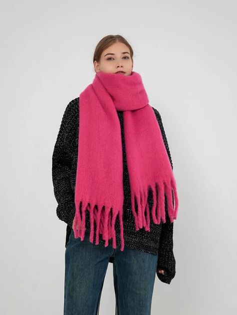 Solid Fringe Hem Scarf | SHEIN USA Pink Winter Scarf, Hot Pink Scarf Outfit, Pink Scarf Outfit Winter, Pink Scarf Outfit, Hot Pink Accessories, Scarf Outfit Winter, Hot Pink Scarf, Modern Scarf, Rose Fushia