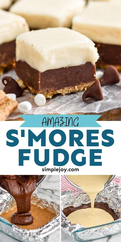 S'mores Fudge has everything you love about a gooey s'mores right out of the campfire in fudge form! With a graham cracker crust, a chocolate layer, and a gooey marshmallow topping, this will be your new favorite fudge recipe. Salted Fudge Recipe, S’mores Fudge Recipe, Chocolate Fudge Christmas, S’mores Fudge, Different Fudge Recipes, Smore Fudge, Gourmet Fudge Recipes, Fall Fudge Recipes, Best Fudge Recipes Ever