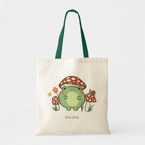 Cute Frog Design, School Bag Painting Ideas, Lukisan Tote Bag, Tote Bag Painting Ideas Flowers, Painted Tote Bag Aesthetic, Painting Tote Bag Ideas, Mushrooms Cartoon, Cartoon Name, Tote Bag Ideas