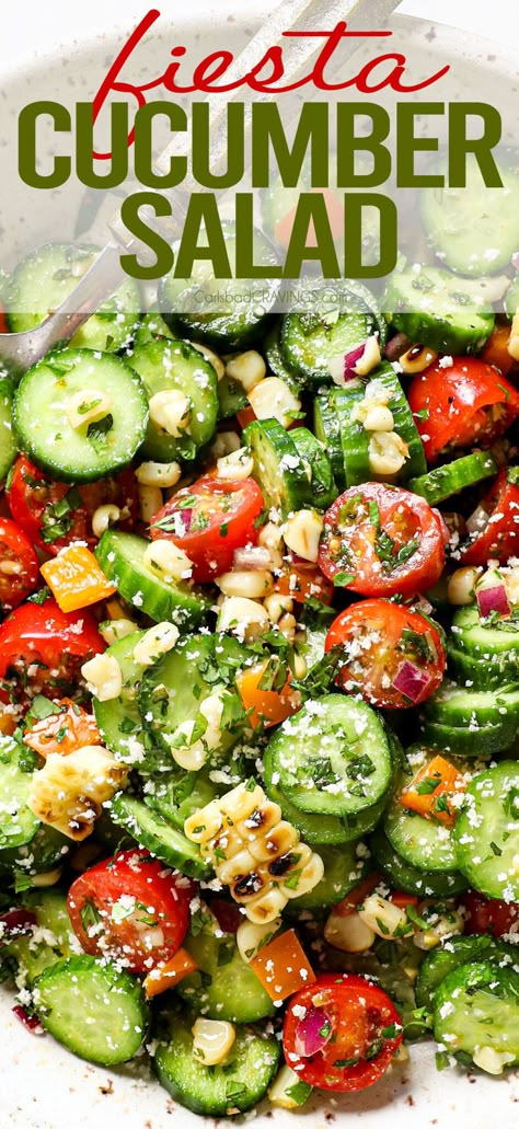 Easy Mexican Cucumber Salad Recipe - Carlsbad Cravings Taco Cucumber Salad, Cucamelon Salad, Mexican Cucumber Salad, Mexican Vegetable Sides, Mexican Food Side Dishes, Fiesta Side Dishes, Mexican Side Dishes Easy, Mexican Potluck Ideas, Fajita Side Dishes