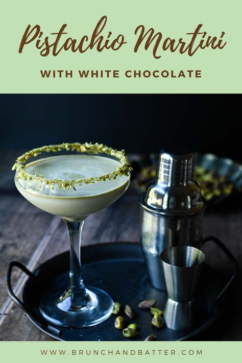 Update your classic cocktail with this decadent White Chocolate Pistachio Martini. Made with white chocolate liqueur, pistachio cream, amaretto, and vodka, it's nutty, chocolatey and oh-so-delicious. Elegant enough for the holidays or everyday toasting with friends and family! White Chocolate Liqueur Cocktails, Pistachio Martini Recipe With Amaretto, Pistachio Cocktail, Pistachio Martini Recipe, Pistachio Martini, Pistachio Muffins Recipe, Martini Flavors, White Chocolate Martini, Winter Beverages