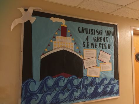 Boat Bulletin Board Ideas, Travel Bulletin Boards, Ra College, Nautical Classroom Theme, Cruise Theme, Nautical Classroom, Ra Door Decs, College Bulletin Boards, Ra Themes