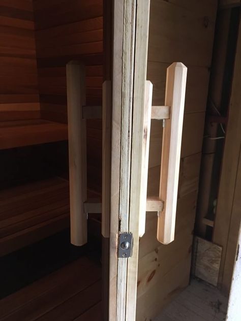 Contest - Show us your custom sauna door handle! | Saunatimes Diy Sauna Door, Sauna Door Handle, Sauna Door Ideas, Paneling Around Windows, Custom Sauna, Sauna Build, Sauna Door, Building A Sauna, Sauna Diy