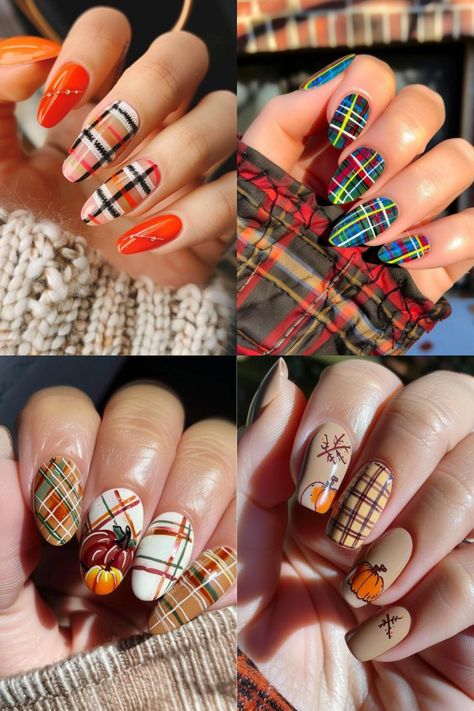 Fall Nails Plaid Accent, Plaid Fall Nail Designs, French Tip Nails Matte, Fall Plaid Nail Designs, Nails Fall Ombre, Plaid Nails Fall, Fall Plaid Nails, Matte Fall Nails, Fall Brown Nails