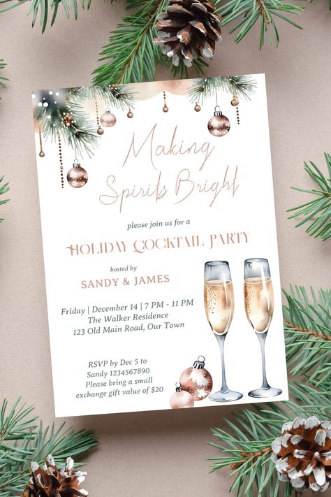 Making spirits bright Christmas holiday cocktail party template invitation instant download gold Holiday Cocktails Christmas, Gold Baubles, Christmas Luncheon, Template Invitation, Holiday Cocktail Party, Holiday Dinner Party, Christmas Dinner Party, Party Template, Making Spirits Bright