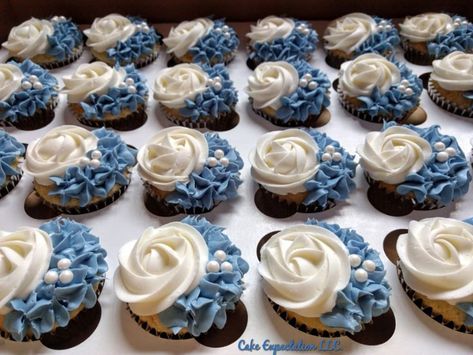 Dusty Blue Cupcakes for Wedding Shower Navy And Dusty Blue Cupcakes, Cupcakes Decoration Blue And White, White Bridal Shower Cupcakes, Dusty Blue Bridal Shower Cake, Navy Blue Wedding Cookies, Blue Wedding Cupcakes Ideas, Dusty Blue And Navy Bridal Shower Ideas, Blue White Cupcakes, Dusty Blue Wedding Shower Ideas