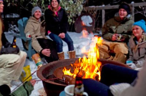 Fire Pit Party, Winter Entertaining, Winter Fire, Stamped Concrete Patio, Winter Parties, Winter Party, Real Estate News, Kitchen On A Budget, Firepit