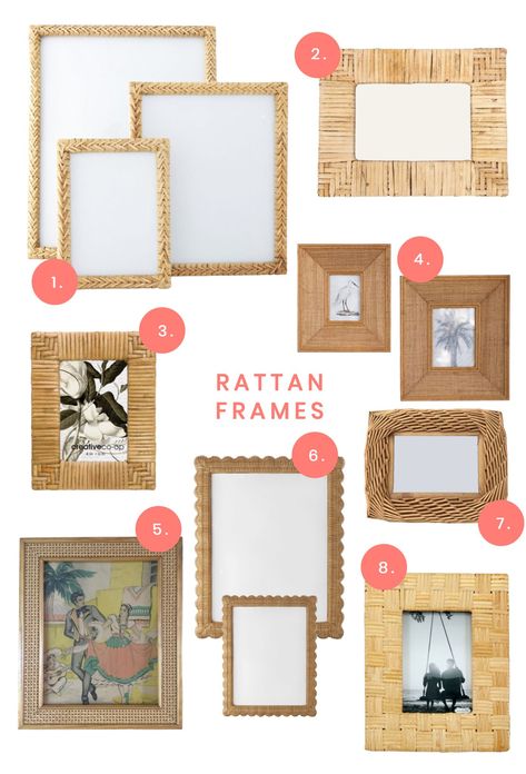 A rattan framed gallery wall is on my current to-do list this Spring, so I thought I'd share a few favorites I've found while some some "research", from brand names to Etsy, there's so much rattan goodness! Rattan Gallery Wall, Rattan Photo Frame, Rattan Products, Framed Gallery Wall, Rainbow Ideas, Rattan Wall Decor, Ashley Brooke Designs, Stair Gallery, Frame Layout