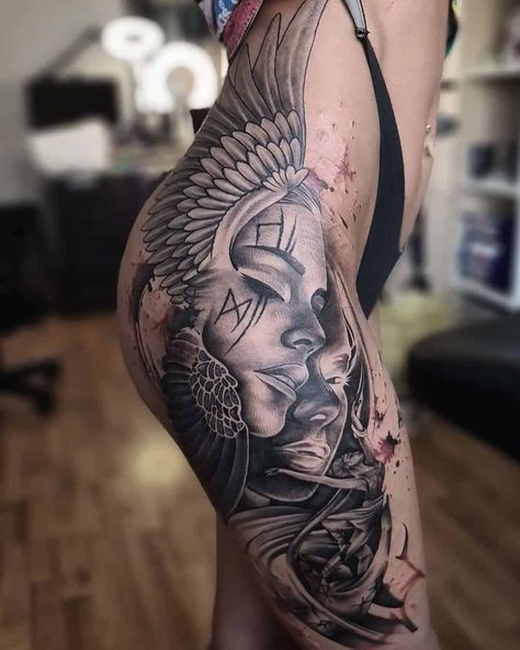 Thigh Tattoo Wings Tattoo Bein Frau, Side Leg Tattoo, Wings Tattoo Design, Thigh Piece Tattoos, Find Your Wings, Side Stomach Tattoos, Thigh Tattoo Men, Side Tattoos Women, Side Thigh Tattoos