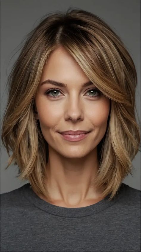 15 Stunning Mom Haircut Ideas: A Mix of Styles for Every Mom! - TecArticles Layered Hair For Thick Hair Medium, Shoulder Length Haircut Side Part, Wavy Bob With Side Bangs, Trendy Mom Haircut, Medium Length Hair Round Face, Medium Hair Straight, Haircuts With Side Bangs, Best Haircuts For Thick Hair, Bubble Bob