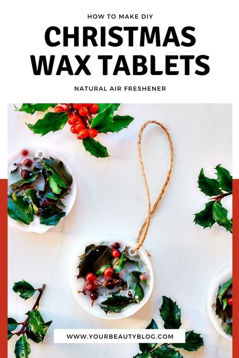 How to make a Christmas wax tablet with fresh holly and essential oils. This DIY essential oil air freshener gives off a light scent. You can hang it on a tree, in a bathroom, or place in a drawer to freshen the air and lightly scent it. It's made with beeswax and soy wax. This natural air freshener recipe is so pretty, and it has a light Christmas scent. #christmas #diy #essentialoils Air Freshener Recipes, Wax Air Freshener, Pinecone Fire Starters, Christmas Scent, Wintergreen Essential Oil, Wild Orange Essential Oil, Christmas Wax Melts, Wax Tablet, Diy Air Freshener