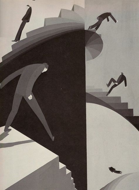 "Climbacaphobia" by John Vassos, Circa 1931, part of the Phobia Concept Series.  "Fear Of Falling Down Stairs" Fear Illustrations Artworks, Fear Abstract Art, Falling Illustration, Arizona Illustration, Falling Down Stairs, How To Draw Stairs, Fear Of Falling, Fear Of The Unknown, Roaring Twenties