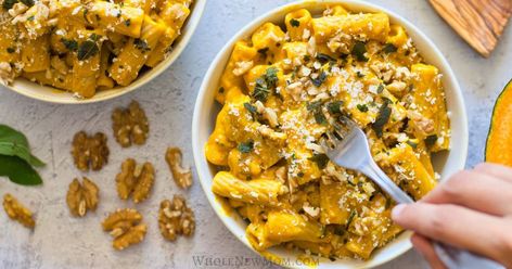 This creamy pumpkin pasta sauce tastes amazing on any kind of pasta. Pumpkin puree adds a delicious nutritional twist that's perfect for fall! Vegan Pumpkin Sage Pasta, Pumpkin Sage Pasta, Pumpkin Pesto, Healthy Fall Recipes Dinner, Sage Pasta, Pumpkin Pasta Recipe, Summer Pasta Dishes, Pumpkin Pasta Sauce, Pumpkin Sauce