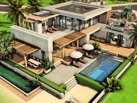 The Sims Resource - Modern Family House Sims 4 Pool, Sims Garden, Sims 4 Penthouse, Modern Industrial House, Sims 4 Family House, Sims 4 Modern House, House Sims 4, Morden House, Modern Penthouse