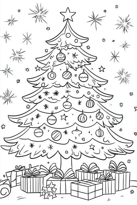 A festive line drawing of a Christmas tree with ornaments and gifts, perfect for Christmas tree coloring pages, christmas tree coloring pages, christmas tree coloring pages for kids, and christmas tree coloring pages free. Coloring Pages Christmas Tree, Christmas Tree Coloring Pages For Adults Free Printable, Coloring Sheet Christmas, Christmas Coloring Pages Simple, Colouring Pages Christmas Free Printable, Christmas Tree Coloring Sheet, Cute Christmas Coloring Sheets, Christmas Coloring Sheets For Adults, Christmas Tree Colouring Pages