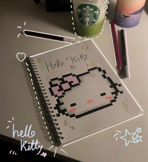 Hello Kitty Sketchbook Page, Hello Kitty Doodles, Hello Kitty Drawing Sketches, Hello Kitty Sketch, Journal Lettering Ideas, Hello Kitty Pixel Art, Bullet Journal Lettering, Hello Kitty Book, Hello Kitty Stickers