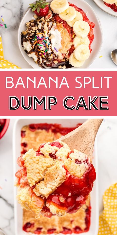 Banana Split Cake Recipe Easy, Banana Split Poke Cake, Strawberry Banana Dump Cake, Banana Split Dump Cake Recipe, Pop Tart Dump Cake, Banana Split Dump Cake, Banana Dump Cake Recipes, Banana Pudding Dump Cake, Banana Dump Cake