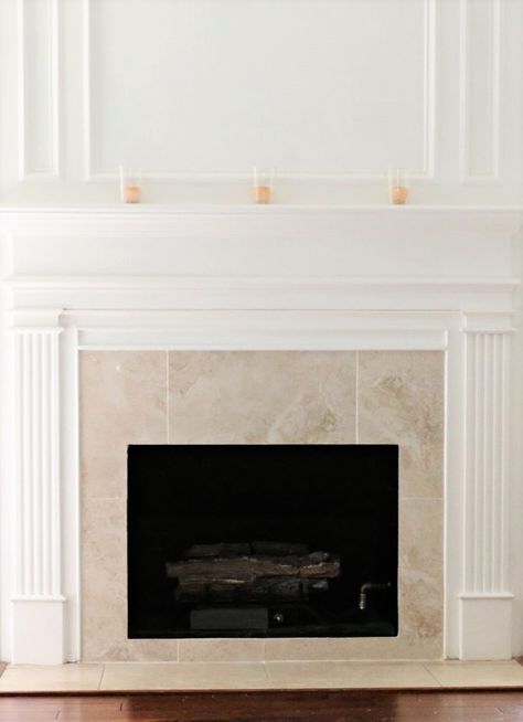 How to tile over an existing fireplace surround - My Woodlands Life Fireplace Revamp, Paint Fireplace Tile, Tiled Fireplace Wall, Tile Around Fireplace, Fireplace Upgrade, Fireplace Paint, White Mantle, Tiled Fireplace, 12x24 Tile