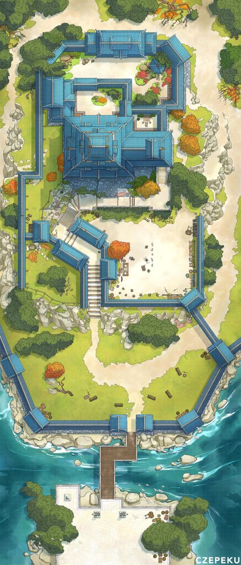 Here's our latest release, and the biggest map we've ever released too! This is the Japanese Castle Exterior! 🏯 Dnd Japanese Map, Japanese Battlemap, Castle Map, Castle Exterior, Fantasy City Map, Japanese Village, Dnd World Map, Building Map, Fantasy World Map