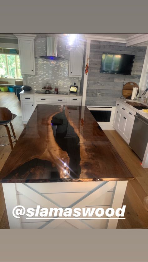 This is a single piece of black walnut made into a river table for the top of a kitchen island Wood Countertops Kitchen, Epoxy Countertop, Island Countertops, Wood Countertops, Kitchen Tops, Resin Table, Home Reno, Fixer Upper, Dream Kitchen