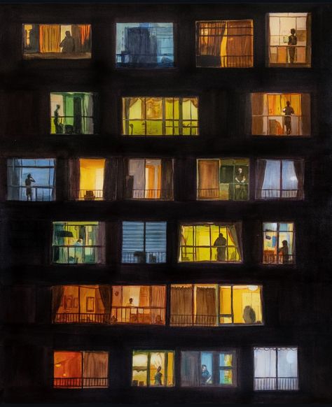 Painting Of Apartment Building, Narrow Street Aesthetic, Balcony Illustration Drawings, Window At Night Painting, Looking Through A Window Art, Apartment Friends Aesthetic, Homesickness Aesthetic, Nyc Art Gallery, Sense Of Place Art