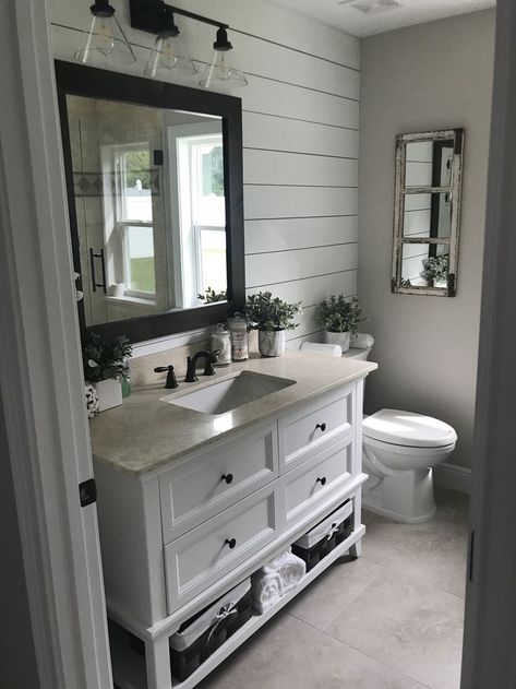 Shiplap Bathroom Wall, Gray Bathroom Walls, Small Farmhouse Bathroom, Bathroom Redecorating, Thank The Lord, Lake House Bathroom, Bathroom Towel Decor, Shiplap Bathroom, White Bathroom Cabinets