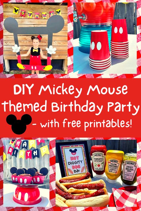 DIY MIckey Mouse Themed decorations for a birthday party along with free printables for signage 3 Mickey Mouse Birthday, Mickey Donuts Birthday, Mickey Mouse Party Printables Free, Mickey Mouse 1st Birthday Food Ideas, Mickey Themed Birthday Food, Mickey Themed 1st Birthday, Mickey Birthday Activities, Food Ideas For Mickey Mouse Party, Third Birthday Mickey Mouse