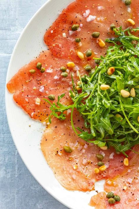 Ahi Tuna Carpaccio, Yellowtail Carpaccio Recipe, Tuna Civeche Recipe, Raw Tuna Recipes, Tuna Carpaccio Recipe, Raw Tuna Recipe, Fish Carpaccio, Crudo Recipe, Raw Fish Recipes