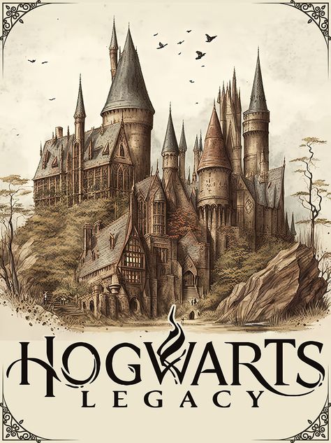 Fanart of the Hogwarts school made in old book illustration style. Inspired by the J.K. Rowling novels, Hogwarts Legacy video game, and H. Potter movies. Available on all sorts of t-shirts, hoodies, notebooks, mugs, stickers, phonecases, etc. #gryffondor #hogwarts #legacy #crest Book Inspired Posters, Hogwarts Legacy Poster, Hogwarts Legacy Wallpaper, Hogwarts Books, Hogwarts Legacy Fanart, Hogwarts Poster, Notebook Poster, Slytherin Logo, Old Book Illustration