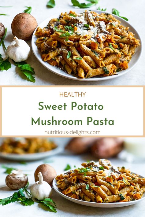 Sweet Potato Mushroom Pasta Sweet Potato Mushroom, Potato Mushroom, Sweet Potato Pasta, Mushroom Broccoli, Meal Inspiration, Yummy Sweet Potatoes, Corned Beef Recipes, Wfpb Recipes, Stuffed Sweet Potato Healthy